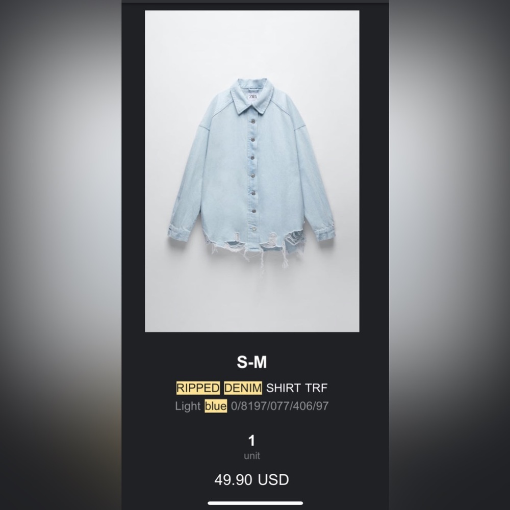 Zara Light Blue Ripped Denim Shirt Jacket